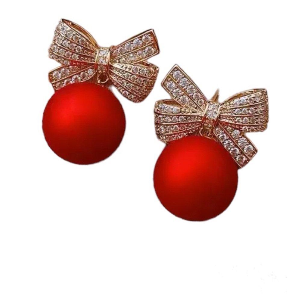 🌼 Golden Bow Red Acrylic Faux Pearl Stud Earrings
